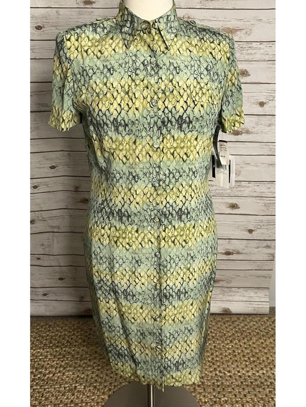 Vintage 100% silk reptile print midi dress Size 16 yellow green button up safari